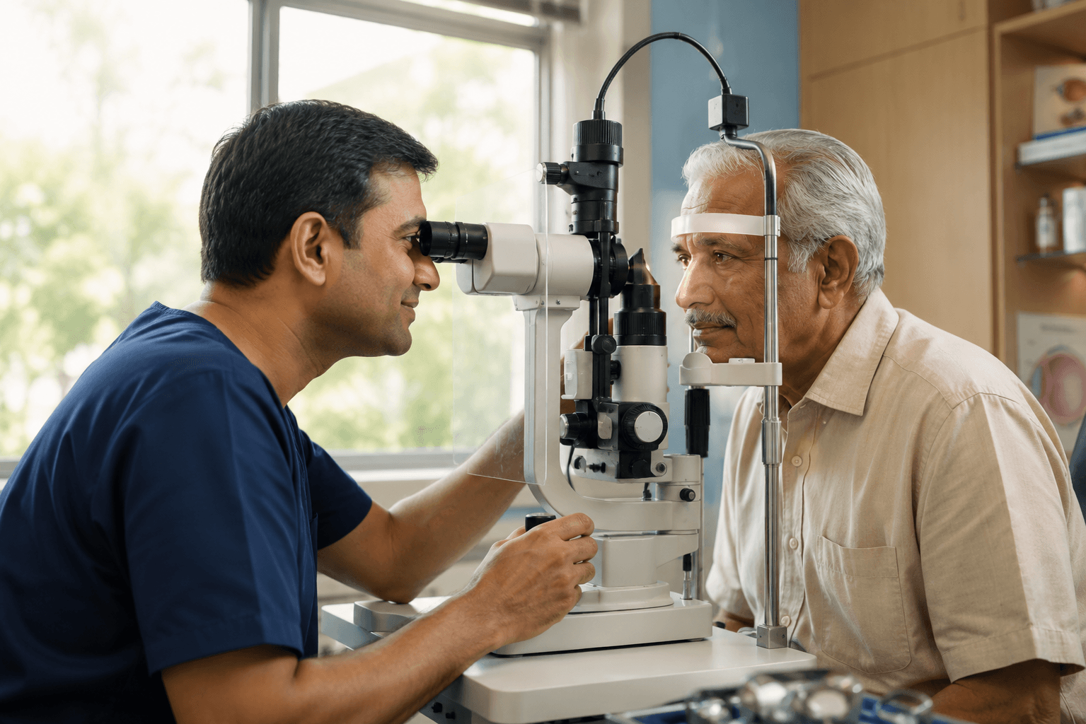 Dr. Nirali examining a patient's eyes through a slit lamp during a consultation
