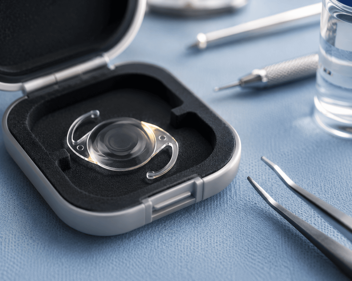 A foldable intraocular lens resting in its case beside fine ophthalmic instruments