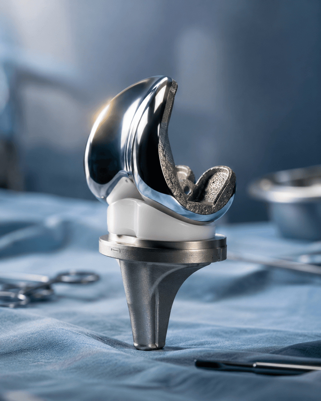 A titanium knee replacement implant resting on a sterile surgical drape