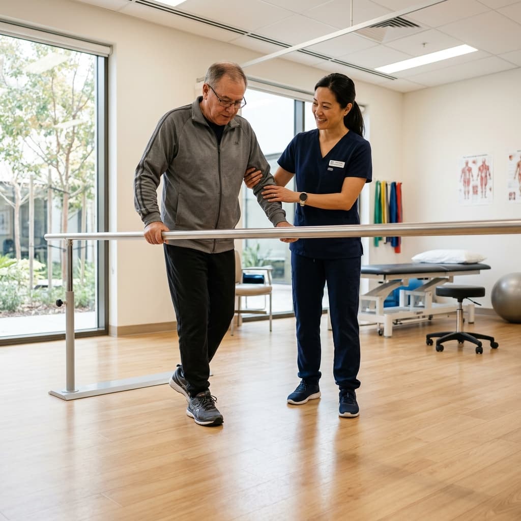 A physiotherapist guiding a patient through a walking exercise using parallel support bars